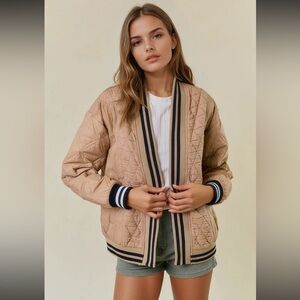 Doe & Rae Quilted Bomber Jacket in Tan with Black-Striped Trim